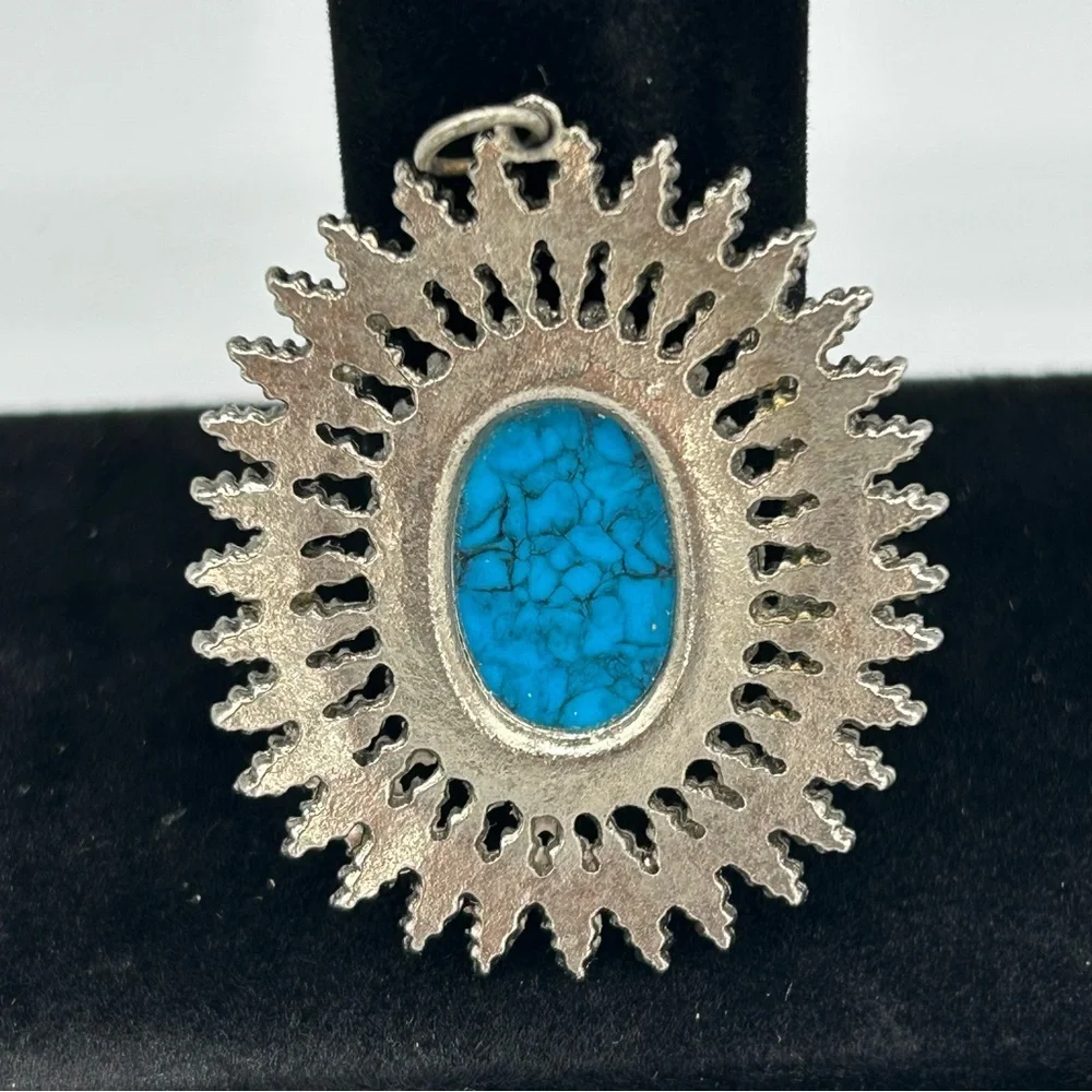 Vintage Silver Tone Turquoise Sunburst Pendant Southwestern Boho